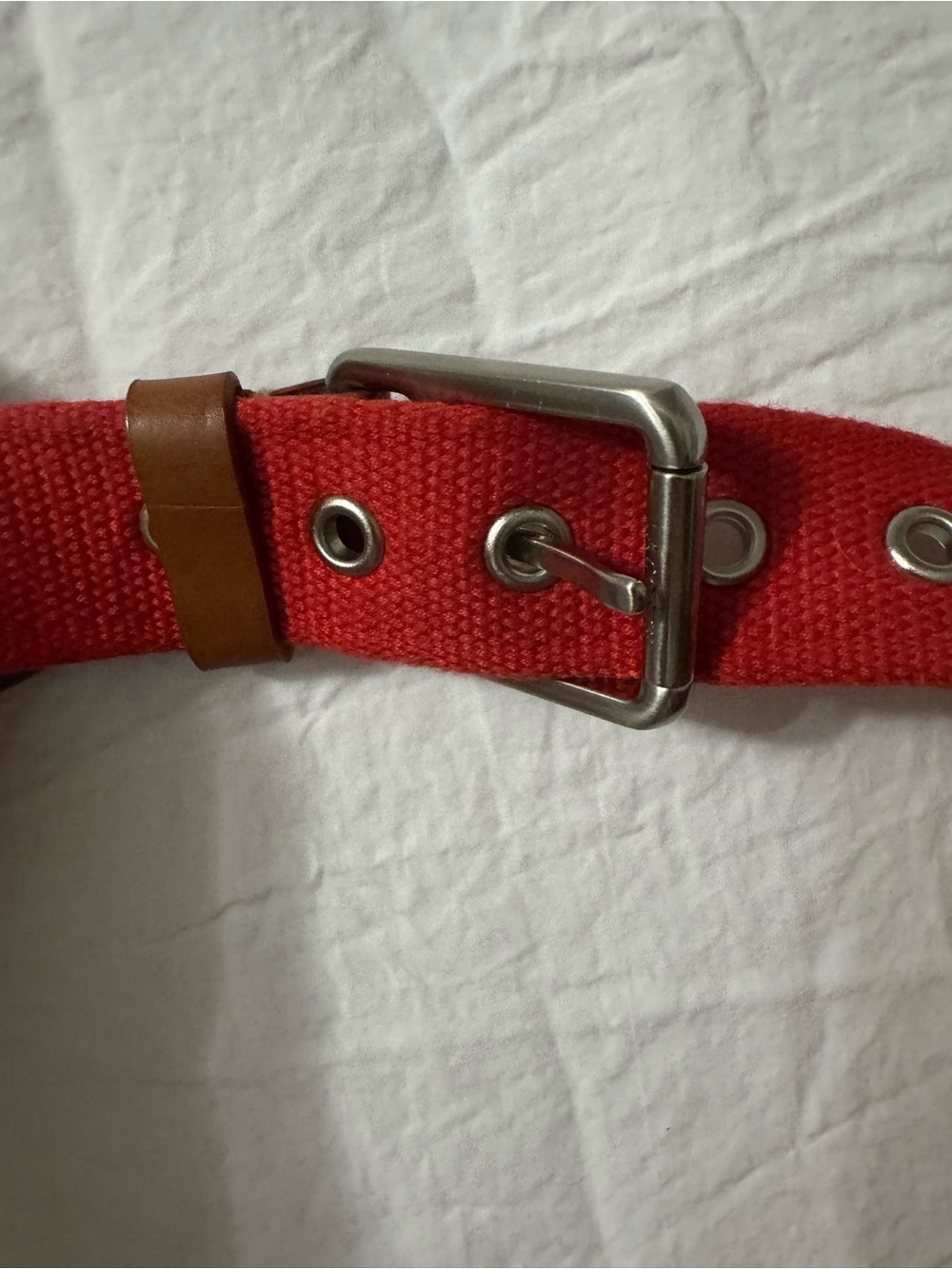 Lacoste Red Canvas Belt with Brown Leather Loop and Silver Buckle